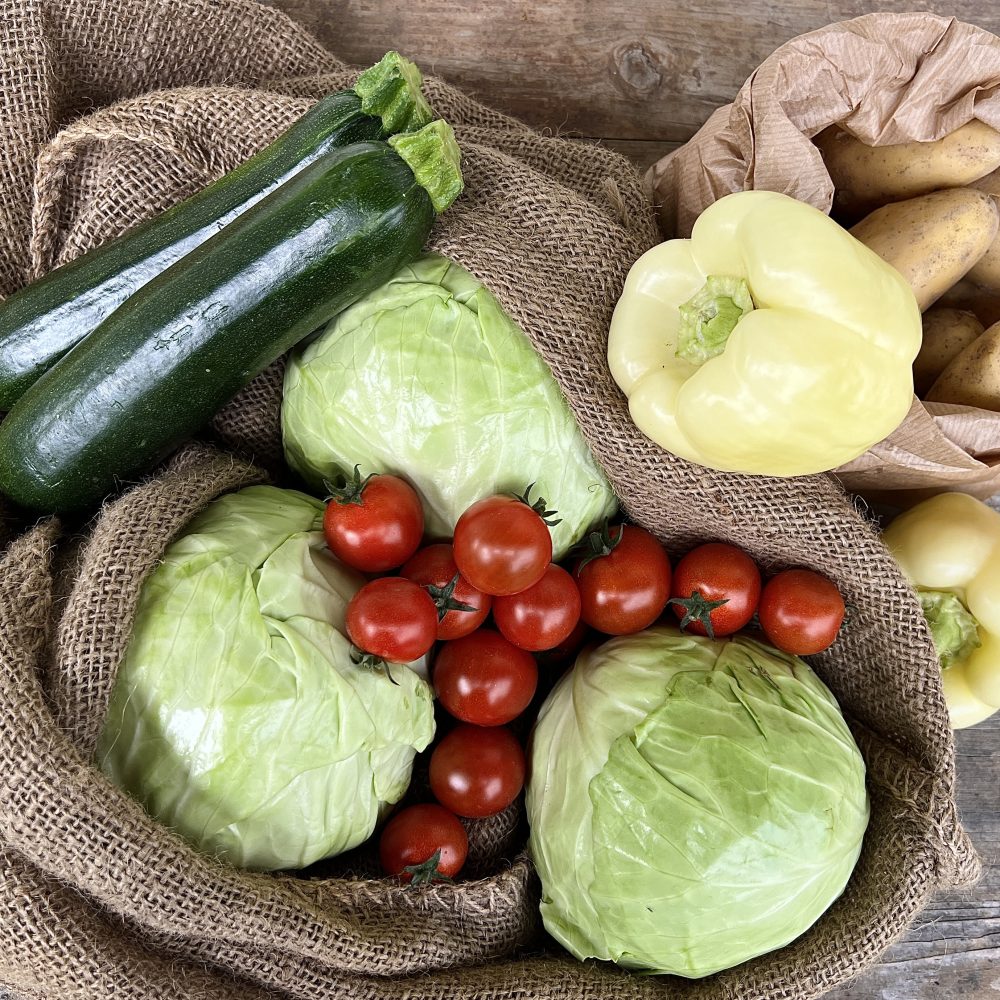 Poletna zelenjava z Eko kmetije Avšič (bučke, češnjevi paradižniki, paprika, mladi krompie, zelje).